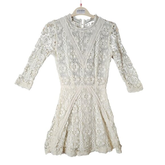 Maje Cream Cotton Lace 3/4 Sleeve Fit & Flare Crotchet Ivory Boho Designer Dress - Picture 1 of 9